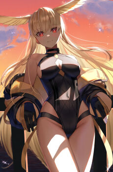 1girl absurdres black_gloves black_jacket black_one-piece_swimsuit blonde_hair breasts choker cleavage cleavage_cutout clothing_cutout dolce_(dolsuke) fate/grand_order fate_(series) gloves gradient_sky head_wings highleg highleg_one-piece_swimsuit highres hood hooded_jacket jacket large_breasts long_hair long_sleeves looking_at_viewer off_shoulder one-piece_swimsuit open_clothes open_jacket orange_sky red_eyes sidelocks sky smile solo swimsuit thighs thrud_(fate) thrud_(swimsuit_assassin)_(fate) twilight valkyrie_(fate) wings