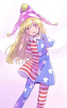 1girl american_flag american_flag_legwear american_flag_print american_flag_shirt arms_behind_back blonde_hair blush clownpiece collar commentary english_commentary feet_out_of_frame flag_print frilled_collar frills hat jester_cap long_hair looking_at_viewer open_mouth pink_background pink_hat pom_pom_(clothes) print_shirt rangycrow red_eyes shirt short_sleeves smile solo staring touhou