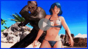 1boy 1girl 3d animated animated_gif beach blood cart dead_or_alive decapitation guro kneeling mountain outdoors resort shirt stairs sun sunlight tamaki_(doa)