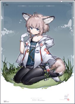 1girl absurdres ahoge animal_ear_fluff animal_ears arknights black_choker black_pantyhose black_skirt blue_eyes blue_vest chinese_commentary choker closed_mouth coat commentary_request flat_chest fox_ears fox_girl fox_tail full_body gloves grey_hair hand_up highres hood hood_down hooded_coat looking_at_viewer material_growth meiwei_de_jianbing miniskirt no_shoes oripathy_lesion_(arknights) pantyhose pencil_skirt short_hair sitting skirt soles solo sussurro_(arknights) tail toes vest wariza white_coat white_gloves