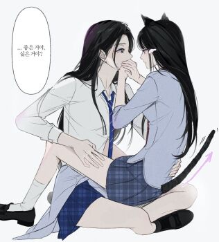 2girls animal_ears black_eyes black_hair black_shoes blue_necktie blue_shirt blue_skirt cat_ears cat_girl cat_tail commentary_request covered_mouth covering_another's_mouth diagonal-striped_clothes diagonal-striped_necktie ejraks8 eye_contact forehead highres indian_style korean_commentary korean_text long_hair long_sleeves looking_at_another miniskirt multiple_girls necktie original plaid_clothes plaid_skirt pleated_skirt school_uniform shirt shoes simple_background sitting sitting_on_lap sitting_on_person skirt socks speech_bubble stiff_tail striped_clothes tail three-quarter_sleeves translation_request white_background white_shirt white_socks yuri