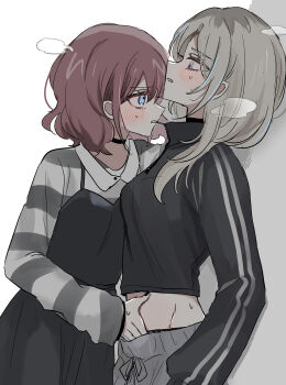 Rule 34 | 2girls, alternate hairstyle, black choker, black dress, black jacket, black nails, blue eyes, blush, breath, brown hair, choker, commentary, dress, girls band cry, grey eyes, grey hair, grey shirt, hair down, hamchan69, highres, imminent fingering, iseri nina, jacket, kawaragi momoka, long sleeves, looking at another, midriff, multicolored hair, multiple girls, pinafore dress, roots (hair), shirt, simple background, sleeveless, sleeveless dress, striped clothes, striped shirt, sweat, white background, yuri