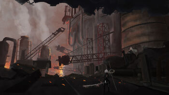 2b_(nier:automata) 2girls a2_(nier:automata) back_cutout black_dress black_hairband black_thighhighs boots clothing_cutout crane_(machine) dress factory feather-trimmed_sleeves feather_trim fire from_behind gloves hairband highres holding holding_sword holding_weapon industrial juliet_sleeves leg_up long_hair long_sleeves multiple_girls nier:automata nier_(series) pod_(nier:automata) puffy_sleeves robot ruins scenery short_hair sitting standing sword thighhighs virtuous_contract weapon white_hair wide_shot yume_(grantwang)