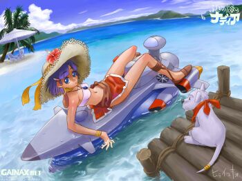 1girl afloat artist_name bandana bandeau bare_shoulders beach beach_umbrella belt blue_eyes blue_gemstone blue_sky blunt_ends boat bracelet breasts brown_belt brown_sandals brown_sash chair cloud commentary copyright_name cross-laced_sandals cumulonimbus_cloud dark-skinned_female dark_skin day dock dutch_angle earrings fisheye floating flower full_body fushigi_no_umi_no_nadia gem gold_bracelet gold_earrings hair_ornament hairclip hat hat_flower hibiscus hirai_yukio hoop_earrings jewelry king_(nadia) knees_together_feet_apart leaning_back lion lion_cub loincloth looking_at_viewer lounge_chair lounging midriff mountainous_horizon nadia_la_arwall nautilus_(nadia) navel neck_ring necklace no_vest non-web_source ocean official_art outdoors palm_tree pelvic_curtain pendant pool_float purple_hair red_bandana red_flower red_skirt sailboat sandals short_hair signature skirt sky small_breasts solo strapless straw_hat sun_hat translated tree tube_top umbrella water watercraft white_bandeau white_trim