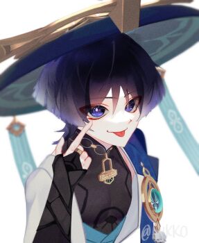 Rule 34 | 1boy, :p, akanbe, anemo symbol (genshin impact), ankko, aqua gem, armor, black bodysuit, blue cape, blue hat, blue kimono, blunt ends, bodysuit, border, bright pupils, cape, choppy bangs, commentary, eyelid pull, eyeliner, finger to eye, gem, genshin impact, gold, gold ring, hand up, hat, highres, index finger raised, japanese armor, japanese clothes, jingasa, juban, kimono, kote, kurokote, makeup, male focus, mandarin collar, middle ring, open clothes, open kimono, pom pom (clothes), portrait, purple eyes, purple hair, red eyeliner, scaramouche (genshin impact), shoulder peek, solo, symbol-only commentary, tongue, tongue out, twitter username, wanderer (genshin impact), white border, white kimono, white pupils