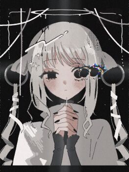 1girl black_background black_eyes black_nails blush cross dress grey_hair halo holding holding_cross looking_at_viewer official_art original solo tabun_ningen tearing_up technopop_yuuki_synthesizer-chan twintails white_dress