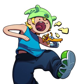 1boy :o adventure_time alternate_costume blonde_hair denim discount-supervillain dog finn_the_human hat holding holding_microphone jake_the_dog jeans male_focus microphone open_mouth pants smile tank_top teeth tongue toon_(style)
