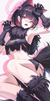 1girl absurdres animal_ears bare_shoulders black_claws black_gloves black_hair black_shirt black_skirt black_tail blue_archive blush breasts cat_ears colored_inner_animal_ears colored_inner_hair commentary_request elbow_gloves extra_ears fake_claws fur-trimmed_gloves fur-trimmed_socks fur_scarf fur_sleeves fur_trim gloves halloween_costume halo highres k0a kazusa_(blue_archive) kazusa_(halloween)_(blue_archive) looking_at_viewer medium_breasts multicolored_hair nose_blush open_mouth pink_eyes pink_hair pink_halo shirt short_hair simple_background skirt solo torn_clothes torn_skirt underboob werewolf_costume white_background