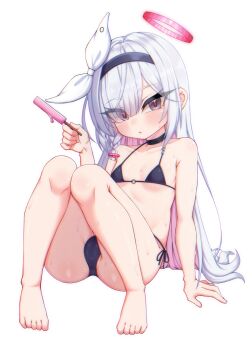 1girl barefoot bikini black_bikini black_choker black_hairband blue_archive choker commentary english_commentary food hairband hajiwan001 halo highres knees_up long_hair plana_(blue_archive) red_halo simple_background solo swimsuit white_background