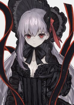 1girl bb_(fate) black_bonnet black_dress black_gloves bonnet breasts cleavage dress fate/extra fate/extra_ccc fate/extra_ccc_fox_tail fate_(series) frilled_bonnet frills gloves grey_hair highres long_hair long_sleeves looking_at_viewer minamisakura011 red_eyes ribbon simple_background solo upper_body white_background