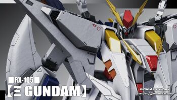 3d absurdres character_name commentary_request glowing glowing_eyes gradient_background gundam gundam_hathaway's_flash highres inviter_oro looking_at_viewer machinery mecha mobile_suit no_humans robot science_fiction signature upper_body v-fin xi_gundam