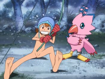 1girl 1other bird bird_wings brown_eyes brown_hair cleft_of_venus derivative_work digimon digimon_(creature) digimon_adventure feet fishing fishing_rod food forest gloves hat loli nature nude nude_filter outdoors piyomon pussy screenshot_redraw sitting takenouchi_sora teet third-party_edit tomboy vegetable wings