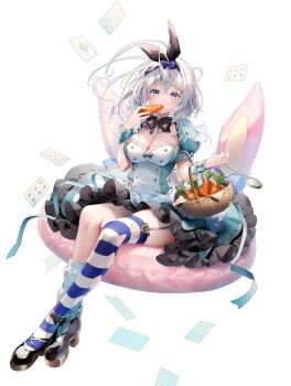 antenna_hair asymmetrical_legwear basket bob_cut bow bowtie breasts carrot cleavage cleavage_cutout clothing_cutout crossed_ankles donut dress eating floating_hair food full_body grey_hair hair_ribbon high_heels holding holding_basket layered_dress lilithea loose_socks mata_korosarete_shimatta_nodesune_tantei-sama poker puffy_sleeves purple_eyes ribbon riichu simple_background sitting socks striped_clothes striped_thighhighs thighhighs white_background wrist_cuffs