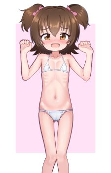 1girl akagi_miria bikini blush border brown_eyes brown_hair cameltoe fangs feet_out_of_frame flat_chest gluteal_fold hands_up highres idolmaster idolmaster_cinderella_girls loli looking_at_viewer micro_bikini navel open_mouth outside_border pepzi pink_background ribs simple_background solo straight-on string_bikini swimsuit tearing_up tears two_side_up white_bikini white_border