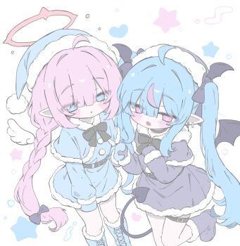 2girls :o ahoge angel bat_wings belt black_belt black_bow black_bowtie black_choker black_wings blue_boots blue_capelet blue_dress blue_eyes blue_hair blue_hat blue_mittens blush_stickers boots bow bowtie braid capelet choker commentary_request demon_girl demon_tail detached_wings diamond-shaped_pupils diamond_(shape) dress earrings fang fur_trim grey_boots grey_capelet grey_dress grey_hat grey_mittens hair_between_eyes hair_bow halo hat head_wings heart highres holding_hands izumi_(yura_izumi) jewelry leg_up long_hair mittens multicolored_hair multiple_earrings multiple_girls multiple_hair_bows open_mouth original pink_eyes pink_hair pink_halo pink_streaks pointy_ears santa_costume santa_dress santa_hat sidelocks star_(symbol) streaked_hair symbol-shaped_pupils tail thigh_belt thigh_strap twin_braids twintails two-tone_hair white_background white_wings wings x-shaped_pupils