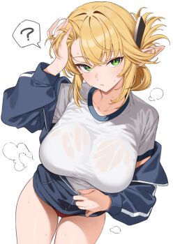 1girl ? aegis_(takunomi) blonde_hair blush bra_visible_through_clothes breasts buruma commentary_request elf enjo_kouhai folded_ponytail from_above green_eyes gym_shirt highres jacket large_breasts long_hair long_pointy_ears long_sleeves looking_at_viewer looking_up original parted_lips partially_unzipped pointy_ears red_buruma see-through_clothes see-through_shirt shirt solo spoken_question_mark standing sweat sweaty_clothes takunomi track_jacket wet wet_clothes wet_shirt white_shirt