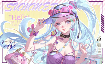 1girl adjusting_clothes adjusting_headwear bag beads black_choker blue_eyes blue_hair bone border breasts camisole chinese_commentary choker cleavage commentary_request english_text eyeshadow gyaru gyxyzz handbag high_ponytail highres lips long_hair looking_at_viewer makeup making-of_available original pink_eyeshadow ponytail purple_camisole smile solo very_long_hair visor_cap watermark weibo_watermark