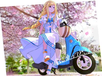 1girl alicia_florence andanden aria_(manga) aria_company_uniform blonde_hair blue_bow blue_bowtie blurry blurry_background border bow bowtie braid braided_ponytail cherry_blossoms closed_mouth day dress full_body gold_trim hair_between_eyes helmet highres long_hair looking_to_the_side motor_vehicle motorcycle_helmet on_vehicle outdoors photo_background purple_eyes sailor_collar scooter short_sleeves sidelocks sitting smile solo white_border white_dress white_footwear yamaha yamaha_vino