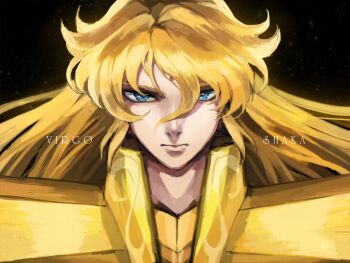 1boy armor bindi black_background blonde_hair blue_eyes character_name facial_mark gold gold_armor hair_between_eyes long_hair looking_at_viewer male_focus mosako portrait saint_seiya serious simple_background solo text_focus virgo_shaka