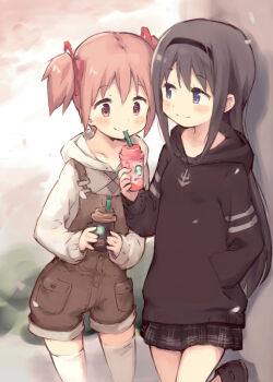 10s 2girls adapted_costume akemi_homura bad_anatomy black_hair black_hairband blush casual cherry_blossoms cup disposable_coffee_cup disposable_cup drink drinking female_focus hair_ribbon hairband hand_in_pocket highres hood hoodie kaname_madoka kyuri long_hair mahou_shoujo_madoka_magica mahou_shoujo_madoka_magica_(anime) mahou_shoujo_madoka_magica_movie_1_&amp;_2 multiple_girls overalls petals pink_eyes pink_hair purple_eyes ribbon shared_drink skirt smile thighhighs twintails white_legwear yuri