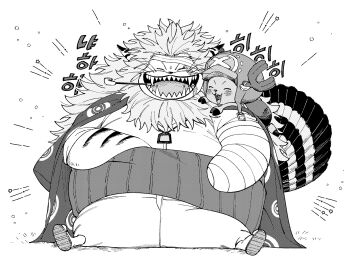 Rule 34 | 2boys, antlers, backpack, bag, bandages, beard, blush, commentary request, cross, facial hair, greyscale, happy, haramaki, highres, horns, jewelry, korean commentary, long hair, male focus, monochrome, multiple boys, necklace, nekomamushi, one piece, open mouth, qkdrkqkdrks2, reindeer antlers, sandals, scar, scar on face, sharp teeth, sitting, smoking pipe, teeth, tony tony chopper