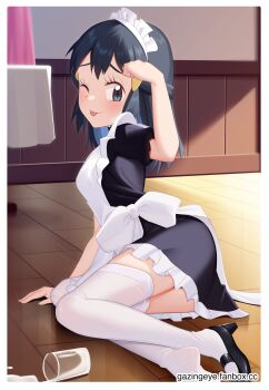1girl :p accident apron black_shirt black_shoes black_skirt blue_eyes blue_hair commentary dawn_(pokemon) dojikko_pose english_commentary gazing_eye highres long_hair maid milk nintendo official_alternate_costume on_floor one_eye_closed pokemon pokemon_(anime) pokemon_dppt_(anime) shirt shoes sitting skirt solo star_(symbol) thighhighs tongue tongue_out white_thighhighs yokozuwari