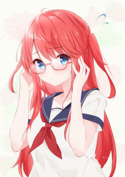 1girl absurdres adjusting_eyewear ahoge blue_eyes blue_sailor_collar blush closed_mouth collarbone flying_sweatdrops glasses hands_up highres long_hair looking_at_viewer neckerchief pink-framed_eyewear rain_re_a re:zero_kara_hajimeru_isekai_seikatsu red-framed_eyewear red_hair red_neckerchief sailor_collar school_uniform semi-rimless_eyewear serafuku shirt short_sleeves solo theresia_van_astrea two_side_up under-rim_eyewear upper_body white_shirt