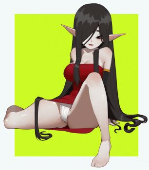 Rule 34 | 1girl, anemoneeanemone, bare legs, bare shoulders, barefoot, black eyes, black hair, borrowed character, breasts, cleavage, detached sleeves, dress, feet, frilled panties, frills, full body, green background, hair over one eye, highres, large breasts, licorice (justadrian), long hair, long pointy ears, looking at viewer, one eye covered, original, pale skin, panties, parted lips, pointy ears, red dress, short dress, simple background, sitting, solo, spread legs, strapless, strapless dress, underwear, very long hair, white panties