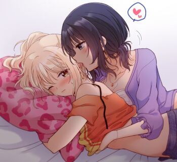 2girls asaka_karin blonde_hair blue_eyes blush bracelet breasts cleavage closed_mouth clothes_lift commentary_request ear_licking earrings grabbing_another&#039;s_breast grabbing_from_behind gradient_background groping heart hoop_earrings hugging_object jewelry kuroda_roku large_breasts licking long_hair love_live! love_live!_nijigasaki_high_school_idol_club miyashita_ai multiple_girls necklace one_eye_closed orange_eyes orange_shirt pillow pillow_hug purple_background purple_hair purple_shirt shirt shirt_lift spoken_heart sweat white_background yuri