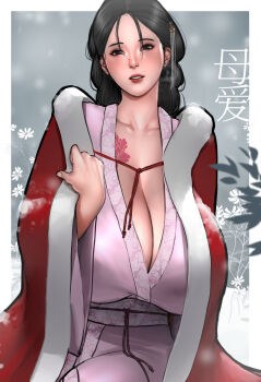 1girl black_hair breasts brown_eyes cleavage hair_ornament highres huge_breasts japanese_clothes kimono lips long_hair looking_at_viewer original scarlett_ann sensitive solo tattoo