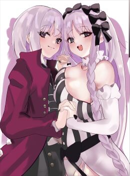 1boy 1girl absurdres bare_shoulders black_bow black_eyes black_shorts black_vest blush bow braid breasts cleavage coat collar detached_sleeves dress fate/strange_fake fate_(series) francesca_prelati_(fate) francois_prelati_(fate) frilled_collar frills garter_straps grey_hair hair_bow highres holding_hands klash large_breasts long_hair long_sleeves looking_at_viewer necktie open_mouth panties parted_bangs red_coat ringed_eyes shirt short_hair shorts sidelocks smile striped_clothes striped_dress underwear very_long_hair vest white_dress white_panties white_shirt