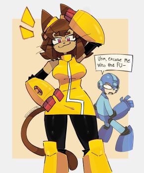 1boy 1girl :3 android animal_ears animal_nose arm_cannon bare_shoulders black_pants blue_bodysuit blue_gloves blue_helmet bodysuit border breasts brown_hair cat_ears cat_girl cat_tail censored_profanity commentary cowboy_shot cropped_legs crossover east-west_crossover english_commentary english_text furry furry_female gameoverse gloves goggles goggles_on_head gun helmet highres kit_bodega looking_at_another looking_at_viewer medium_breasts medium_hair mega_man_(character) mega_man_(classic) mega_man_(series) notice_lines outside_border pants red_eyes robot_ears simple_background siris_the_virus smoke smoking_barrel snout speech_bubble standing tail torn_clothes twitter_username weapon whiskers white_border yellow_background yellow_gauntlets