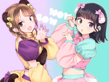 2girls :o aimoto_ami amirion animal_ears bear_ears bear_tail black_hair blue_background blue_sleeves bow bowtie braid brown_eyes brown_hair claw_pose colored_eyelashes commentary_request crop_top detached_sleeves fake_animal_ears fake_tail fang fur-trimmed_shirt fur_trim gradient_background hair_bow hand_up long_hair long_sleeves looking_at_viewer mamesaki_rio medium_hair mole mole_under_mouth multiple_girls open_mouth parted_bangs pink_bow pink_bowtie pink_shirt pink_skirt pink_sleeves pleading_eyes puffy_long_sleeves puffy_sleeves purple_background purple_sleeves shimada_fumikane shirt skirt tail twin_braids two-tone_background v-shaped_eyebrows yellow_bow yellow_bowtie yellow_shirt yellow_sleeves