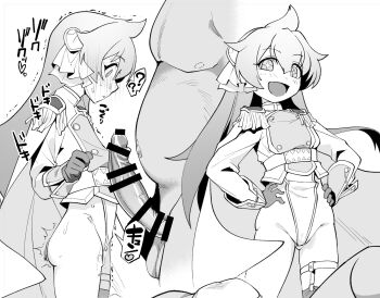 1boy 1girl :d ass_shake asymmetrical_legwear belt blush cape completely_nude epaulettes fat fat_man flat_chest gloves greyscale hair_between_eyes hair_flaps hair_ornament highres large_penis leotard long_hair monochrome nekono_matatabi nude open_mouth original penis shaking sidelocks size_difference smile spiked_hair star-shaped_pupils star_(symbol) surprised sweatdrop symbol-shaped_pupils thigh_strap twitching_womb vambraces white_background