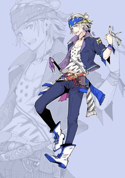 Rule 34 | 1boy, absurdres, belt, blue jacket, blue pants, boots, commentary request, ear piercing, earrings, final fantasy, final fantasy vi, full body, grey hair, hair bun, headscarf, highres, index finger raised, jacket, jewelry, key, knife, lakugali shiki, locke cole, looking at viewer, male focus, midriff peek, necklace, open clothes, open jacket, open mouth, pants, piercing, sheath, sheathed, shirt, signature, solo, white boots, white shirt