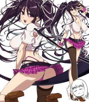 2girls :d :q absurdres alternate_costume alternate_hairstyle ass belt black_belt breasts cameltoe cleavage commentary_request constricted_pupils gyaru hair_ribbon high_heels highres holding holding_sheath irokohaku itsuwa kanzaki_kaori large_breasts long_hair midriff miniskirt multiple_girls multiple_views navel ootachi open_mouth panties purple_eyes purple_panties purple_scrunchie purple_skirt ribbon scrunchie seductive_gaze seductive_smile sheath sheathed shichiten_shichitou shirt short_sleeves single_thighhigh skirt smile surprised sweatdrop sword_between_thighs thighhighs tied_shirt toaru_majutsu_no_index tongue tongue_out twintails underwear v v_over_eye very_long_hair whale_tail_(clothing) white_background white_ribbon white_shirt wide-eyed wrist_scrunchie