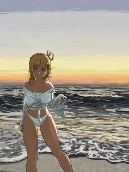 beach bikini blonde_hair breasts dunchy love_live! love_live!_sunshine!! ohara_mari sunset swimsuit white_bikini