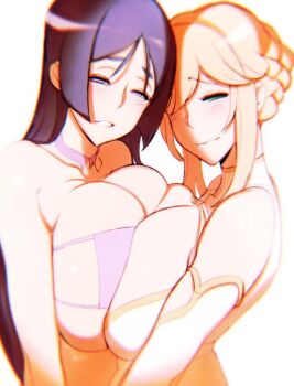 2girls artoria_pendragon_(fate) artoria_pendragon_(lancer)_(fate) bikini blonde_hair breast_press breasts cleavage cleavage_cutout clothing_cutout doxy elbow_gloves fate/grand_order fate_(series) female_focus gloves green_eyes hime_cut huge_breasts leotard long_hair minamoto_no_raikou_(fate) multiple_girls open_mouth purple_eyes purple_hair simple_background smile swimsuit symmetrical_docking white_background