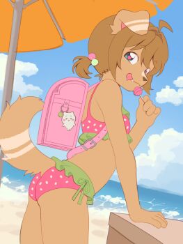 1girl :3 ahoge animal_ears animal_nose arm_support ass backpack bag bag_charm bare_shoulders beach beach_umbrella bikini biscuit_qwq blue_eyes blue_sky body_fur breasts brown_fur brown_hair candy charm_(object) closed_mouth cloud cowboy_shot crime_prevention_buzzer day dog_ears dog_girl dog_tail drooling dutch_angle fang fangs food frilled_bikini frills from_behind from_side furry furry_female hair_bobbles hair_intakes hair_ornament hand_up happy heart heart-shaped_pupils holding holding_candy holding_food holding_lollipop horizon leaning_forward loli lollipop looking_at_viewer looking_back ocean original outdoors pink_bag pink_bikini polka_dot polka_dot_bikini randoseru saliva short_hair short_twintails side-tie_bikini_bottom sidelocks sky small_breasts smile snout solo standing swimsuit symbol-shaped_pupils tail tongue tongue_out twintails two-tone_fur umbrella water