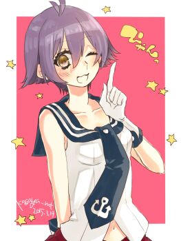 1girl anchor_symbol arm_behind_back blush breasts brown_eyes dated gloves hair_between_eyes kagaya_jirou kantai_collection looking_at_viewer medium_breasts navel one-hour_drawing_challenge one_eye_closed open_mouth purple_hair red_skirt sailor_collar sakawa_(kancolle) school_uniform serafuku short_hair skirt sleeveless solo star_(symbol) upper_body white_gloves