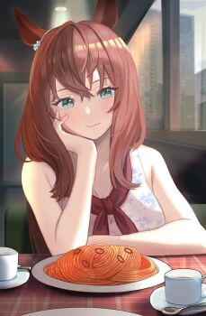 1girl animal_ears arm_rest breasts brown_hair chigemisoneki cleavage cup diner ear_ornament floral_print food green_eyes head_rest highres horse_ears horse_girl indoors large_breasts long_hair looking_at_viewer maruzensky_(umamusume) mug pasta plate red_neckwear sitting sleeveless smile solo spaghetti spoon tank_top umamusume white_tank_top