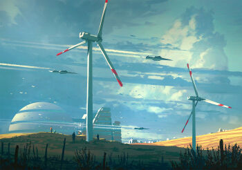 blue_sky building city_lights cloud cloudy_sky commentary dome english_commentary field flock grass highres hill landscape original outdoors painterly people raphael-lacoste scenery science_fiction shadow signature sky spacecraft sunlight wind_turbine windmill