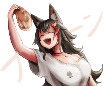 1girl absurdres alternate_costume animal_ear_fluff animal_ears black_hair breasts choker closed_eyes fluffy_hair food hair_between_eyes hair_ornament highres holding holding_food hololive long_hair multicolored_hair nymph_rhythm off_shoulder ookami_mio open_mouth oversized_clothes pancake red_hair shirt simple_background solo tail virtual_youtuber white_shirt wolf_ears wolf_girl wolf_tail