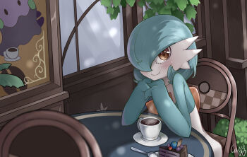 1girl alternate_color artist_name berry_(pokemon) blue_hair blue_skin blurry blurry_foreground blush bob_cut cafe cake cake_slice chair closed_mouth coffee collarbone colored_skin cup day female_focus food gardevoir gen_3_pokemon gen_6_pokemon goomy gresy hair_over_one_eye hands_up happy ivy latte_art leppa_berry looking_at_viewer multicolored_skin nintendo on_chair one_eye_covered oran_berry orange_eyes outdoors own_hands_together plate pokemon pokemon_(creature) pokemon_legends:_z-a saucer shiny_pokemon short_hair signature sitting smile solo spoon steam table teacup two-tone_skin upper_body white_skin