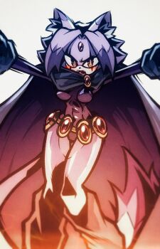 1girl animal_ears belt black_leotard blaze_the_cat blush cape cat_ears cat_girl cat_tail cosplay dc_comics fangs forehead_jewel furry furry_female highres hoodedmask leotard looking_at_viewer purple_cape purple_fur raven_(dc) raven_(dc)_(cosplay) sleeved_leotard sonic_(series) tail teen_titans yellow_eyes