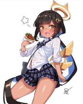 1girl :d black_hair blue_bow blue_bowtie blue_hair blue_skirt bow bowtie breasts character_request collared_shirt colored_inner_hair commentary_request cowboy_shot dark-skinned_female dark_skin doyouwantto fang food green_pupils hair_ornament hairclip halo holding holding_food long_hair looking_at_viewer low_ponytail low_wings multicolored_hair open_mouth orange_eyes partially_unbuttoned pleated_skirt ponytail school_uniform shirt simple_background skin_fang skirt sleeves_rolled_up small_breasts smile solo star_(symbol) twinkle_star_knights two-tone_hair very_long_hair white_background white_shirt wings yellow_halo yellow_wings
