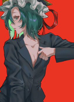 1girl arm_up artist_name breasts buttons center_opening cleavage closed_mouth collarbone commentary_request formal_clothes green_eyes green_hair hair_ribbon hat jacket jun_jun_0319 lapels looking_at_viewer medium_breasts red_background red_ribbon ribbon shiki_eiki short_hair sideways_glance signature simple_background solo suit suit_jacket touhou turning_head upper_body