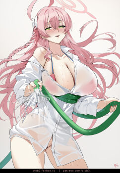 1girl ahoge bikini bikini_under_clothes blue_archive blush bow braid breasts cleavage club3 collarbone green_eyes hair_bow halo hanako_(blue_archive) hanako_(swimsuit)_(blue_archive) highres hose large_breasts long_hair long_sleeves looking_at_viewer official_alternate_costume parted_lips pink_bikini pink_hair ribbon shirt side_braid smile solo swimsuit thighs white_background white_shirt