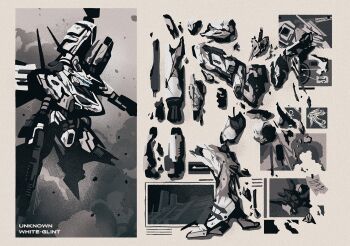 armored_core armored_core:_for_answer battle_damage blue_eyes character_name dual_wielding full_body gun holding holding_gun holding_weapon humanoid_robot kuroihato mecha mecha_focus no_humans robot science_fiction severed_limb weapon white_glint