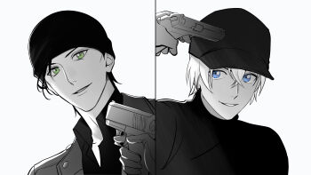 2boys absurdres akai_shuuichi amuro_tooru baseball_cap beanie blue_eyes commentary_request crossed_bangs green_eyes greyscale gun gun_to_head handgun hat highres holding holding_gun holding_weapon jacket kotomine_(a1569) male_focus meitantei_conan monochrome multiple_boys parted_lips shirt short_hair split_screen spot_color weapon white_background